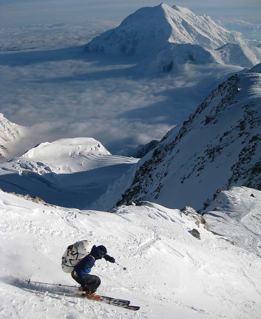 About midway down the upper portion of the route. You're skiing on Denali, it feels fantastic!