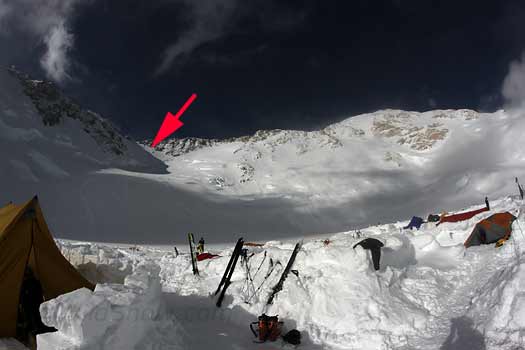  Wide angle view of Denali West Buttress section above 14,200 foot camp. Arrow indicates Headwall.