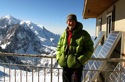 Lou, at top of Montets cable, Mt Blanc in background.