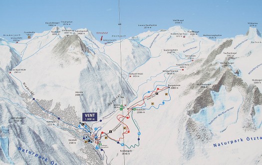 Resort map at the base of the Vent piste shows compressed view of Otztal.