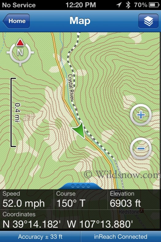 Upon tidying up the mess at Wildsnow backcountry HQ from a bear scat party I headed back into civilization using my iPhone paired with inReach as a speedometer. 