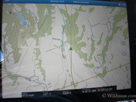 First firing up of the EarthMate App on my iPad as I headed up hwy 133.  Speed, course, elevation, coordinates, and accuracy all displayed as well as the ability to zoom in and out as it realtime tracked me with an accuracy of +/- 33ft.  Note--This is not a screen shot and the accuracy never changed for better or worse during my time thus far with the inReach.  