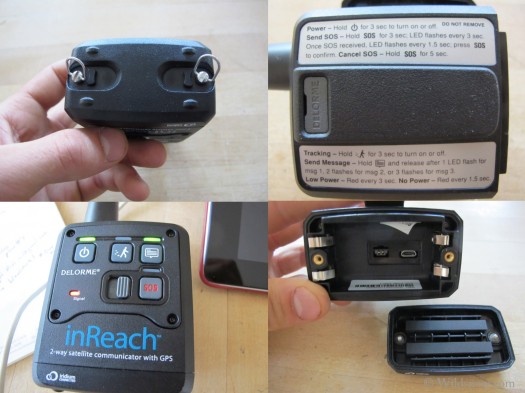 Bottom of inReach contains dustproof and waterproof screw closures (claimed up to 3 meters), back plate features instructions to send messages without a bluetooth connected device, upon initial RESET all lights will flash to signify power and a hard Reset -- LED lights are not especially bright under full sunlight