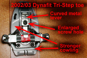 Overhead view of the last and best production Tri-Step toe. The curved metal lever is designed to eliminate the hazard of your boot bumping the binding and unlatching it from your boot. 