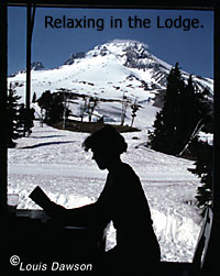 Lisa relaxing in Timberline Lodge, Mount Hood out the window.