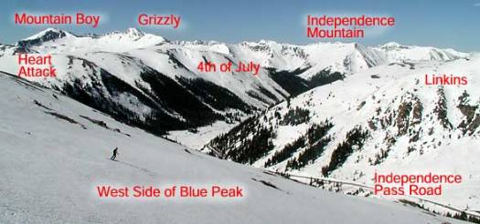 Independence Pass backcountry skiing, looking southwest from Blue Peak. Click to enlarge.