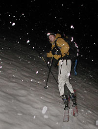 San Juans Sean Crossen approaching Rock of Ages saddle, "Wilsons" massif, San Juan Mountains.