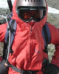 Handies Peak 14er climb and ski. Louie Dawson braves 60mph winds on Handies Peak, Marmot Paclite shell gear keeps him cozy.