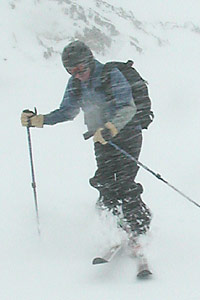 Full conditions ski touring in a soft shell.