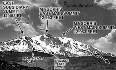 Mount Sopris features and routes viewed from east. 