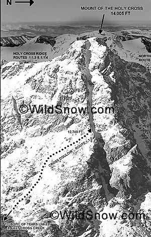 >Mount of the Holy Cross, Cross Couloir is the vertical slot, lower cliff portion is not usually skied though it fills in during some years.