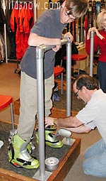 The F1 comes with a thermo-form liner. Here, Louie Dawson gets custom fitting from Aspen's elite boot fitter Bill Thistle -- Performance Alignment Systems. Yes, the boy got a pair as well -- and likes 'em!