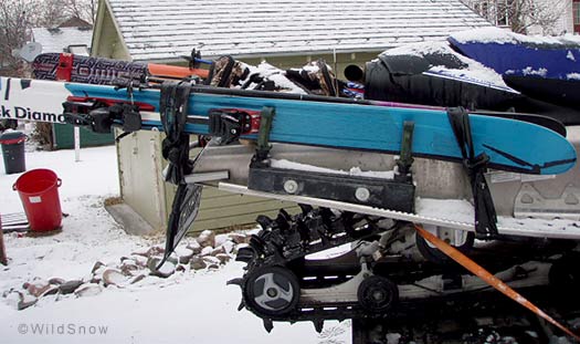 Snowmobile ski carry for backcountry skiing.