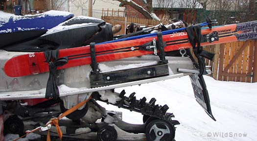 Snowmobile ski carry for backcountry skiing.
