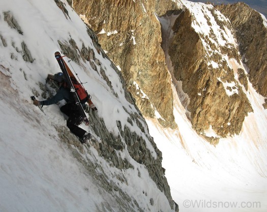 Anton scrambling up the base of the couloir.