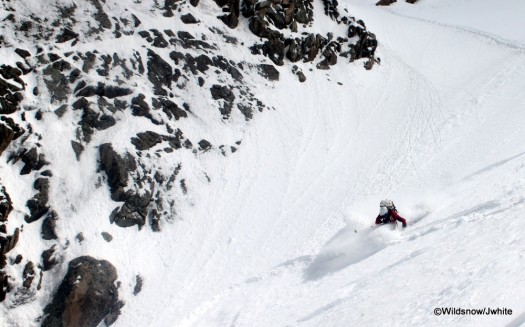 Hitting a patch of powder near the bottom of the second couloir. Click to enlarge.