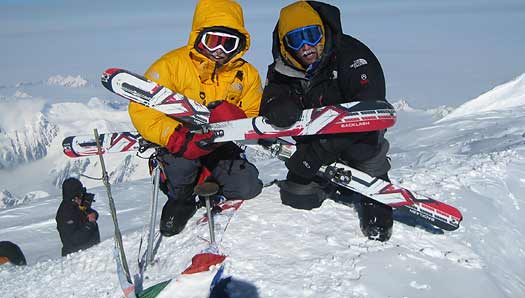 Colby and Tyler show off their K2 Backlash skis on the Denali summit, which they indeed rip on (yep, both the skis and the summit).