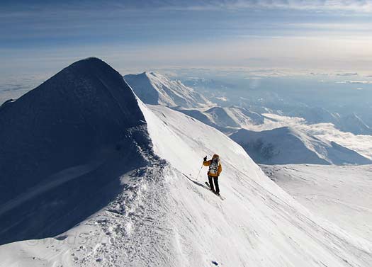 Louie skiing from the Summit of Denali, at about 20,300 feet above the sea.