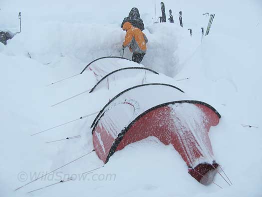 Joe,Ty, and Colby's tent was slightly less covered, I think they whacked some snow off from inside during the night.