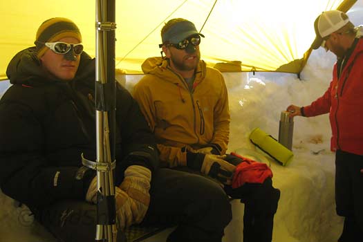 Yours truly on the left in our cooktent at 14,200 feet on the Big Mac. Note the pole repair.