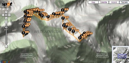 Spot tracking map showing progress from 14 camp, to the summit, and back.
