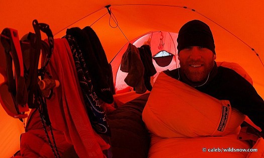 Tent life is good with the right sleeping bag and pad system, as Tyler is enjoying.