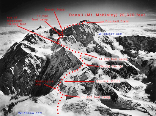 Denali West Buttress route as viewed from west.