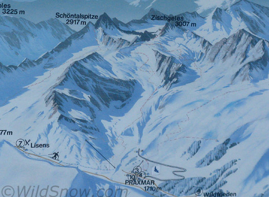 Praxmar backcountry skiing, map.
