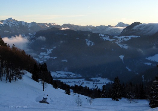 Skiing up to Wuhrstein Alm at nightfall.