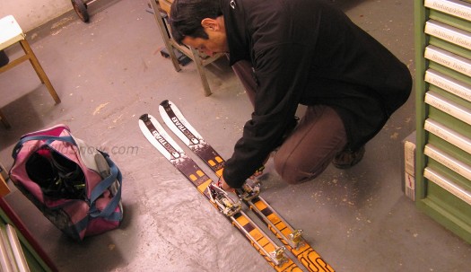 Stefano setting up some test skis.