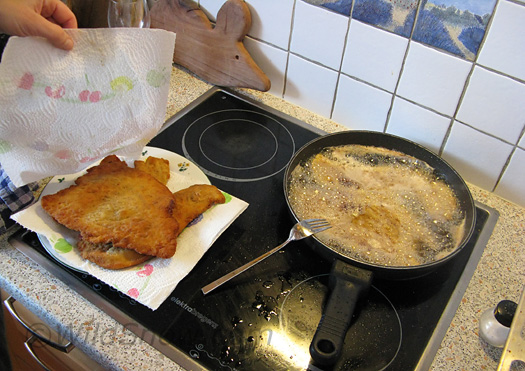 The expert told me if the oil is too hot the schnitzel is too brown. Apparently this is just about perfect 