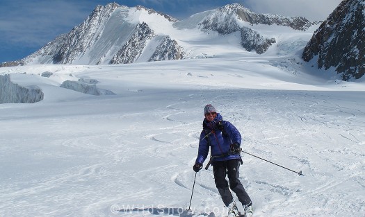 Lisa in Mountain Equipment puff jacket, skiing Europe.