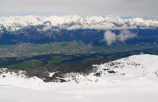 View westerly over Innsbruck, looking down more than 6,000 vert, average for many parts of the Alps.