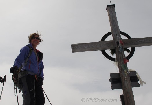 WildSnow Girl and the usual classic summit cross.