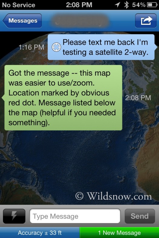 My first message via Delorme's inReach. This is within the Earthmate App. You cannot use your normal texting screen as it will not go through the app -- this is the only way to 2-way text.  