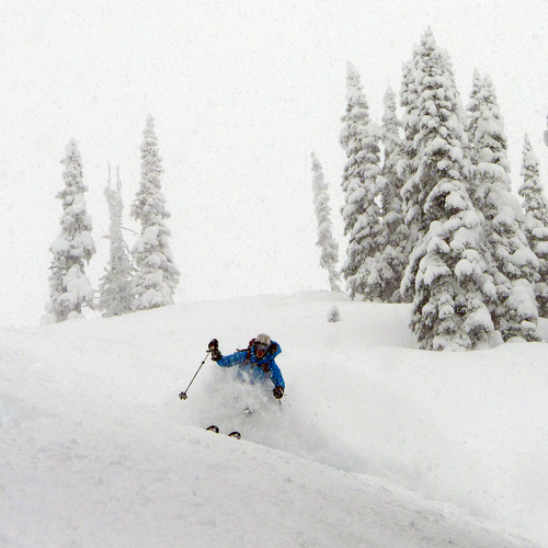 Another Julie shot, this time by husband Michael. Kootenay powder, Valhalla!