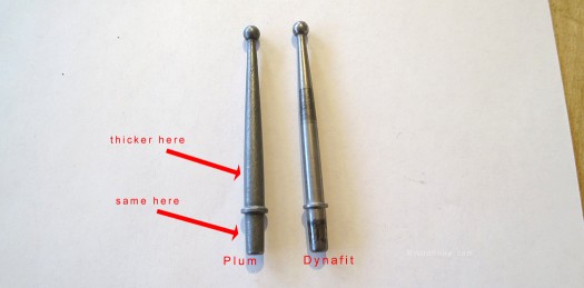 The Plum pins have a thickened area in comparison to Dynafit. Since metal quality is as important as size with a part this small, we're not sure which is stronger. But it's nice to see some added beef in this area as pins have been known to break with both binding brands.