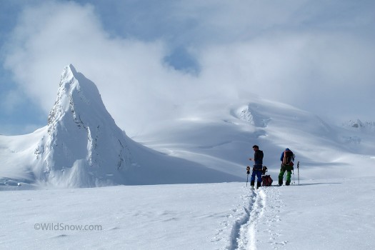 Skinning toward a ski mountaineering peak in Alaska