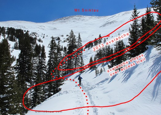 Another view of the approach trail.  A dangerous spot with obvious avalanche slope to your right and terrain trap to your left.