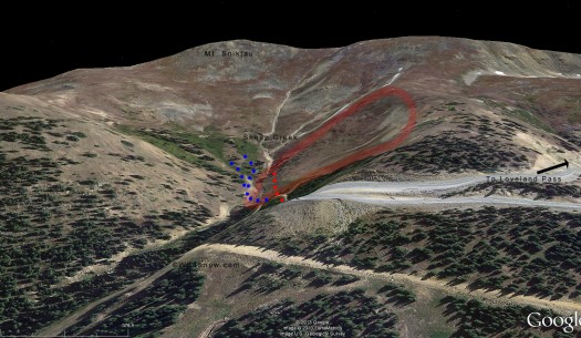 Google Earth tilted view, looking southerly. Approximate avalanche boundary
