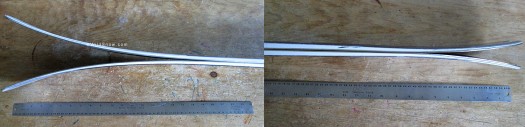 2013-14 Carbon Megawatt rocker profiles. We noticed a bit of double camber in our test samples; presumably the production skis on the market next fall will close perfectly.