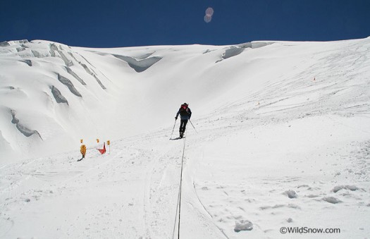 Approaching the smooth slopes below camp 2