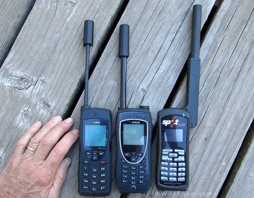 The three phones, left to right: Iridium 9555, Iridium 9575 Extreme, SPOT/Globalstar
