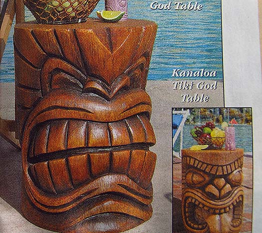 Grand Tiki Sculpured Table. These exotic sculptures predate Ullr.  Serve guests with Polynesian style and the resulting equatorial winds will manifest an el Nino jet stream.