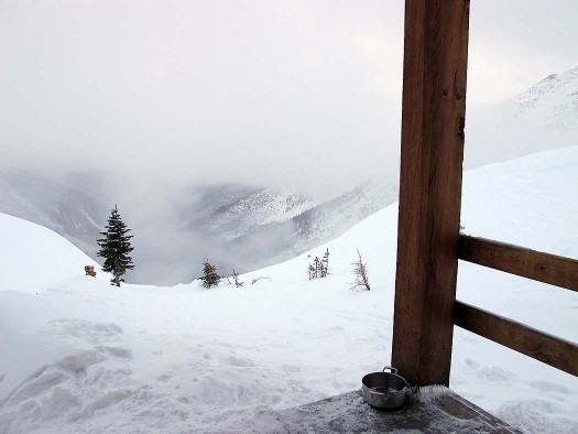 View (sort of) below the hut. Good skiing down here when the alpine is socked in.