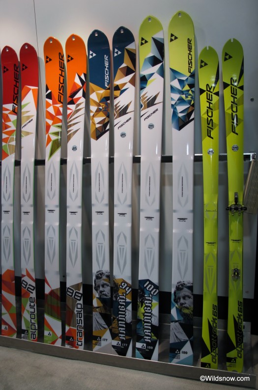 Fischer offers quite a fleet of ski touring skis. Left to right: AlpRoute 82 1250 grams. TransAlp 88 1150 grams. Hannibal 94 1250 grams. Hannibal 100 1500 grams. AlpAttack 650 grams.