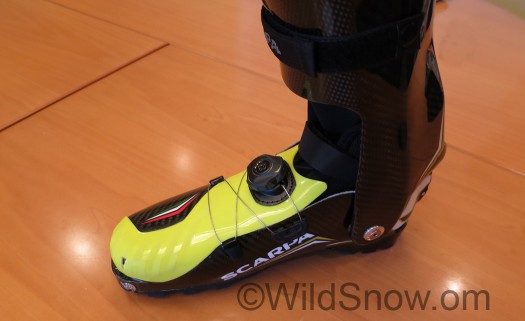 And about that yellow plastic? It's a half-tongue to hold the Boa lacing system and absorb some of the harsh vibration that full-carbon boots can produce.