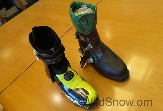 Since we're here and we can do it, we got Scarpa to dig an early 1960s state-of-art ski touring boot out of their archives. The beautifully leather