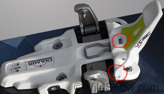 Aha, a Vipec toe in 'walk' mode, with small white plastic tab (circled) jammed in slot to block play in the binding.