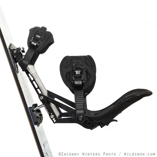 The Afterburner, a new splitboard binding from Spark R&D with the lower of two climbing wires engaged.